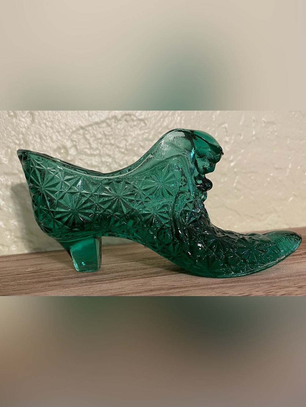 Vintage Fenton Green Glass Decorative Shoe Accent - teal Green cat head